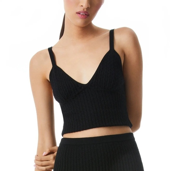 NEW Alice + Olivia Kenna Cable Knit Cropped Tank Crochet Black Sweetheart Neck L - Picture 1 of 11